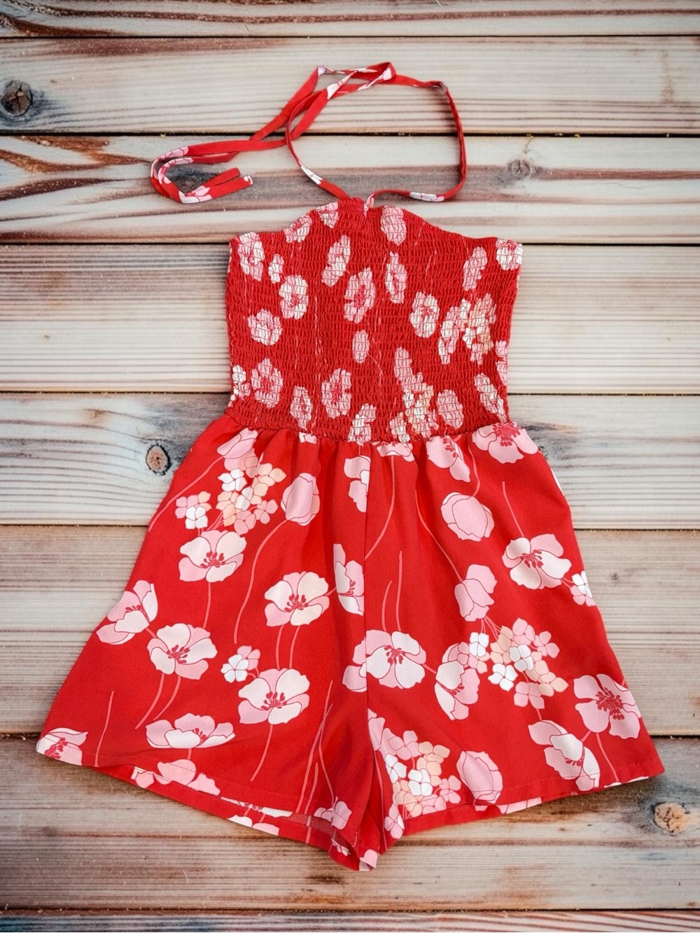 NWOT Lily Rose Junior’s XS Smocked Romper w/ Tie Neck Halter & Floral Print - Picture 1 of 12